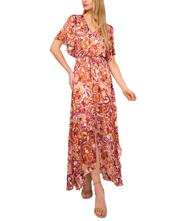 セセ レディース トップス ワンピース シャーリング マキシ CeCe Women'smocked Waist Flutter Sleeve Maxi Dress Wine ワイン|ReVida 店