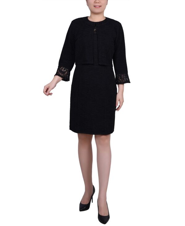 ニューヨーク州寄せあわせ レディース トップス 衣装 プチ スピード競技 編み物 NY Collection Petite Two Piece Novelty Knit and Lace Dresset Black 黒いこと レディースファッション-ワンピース