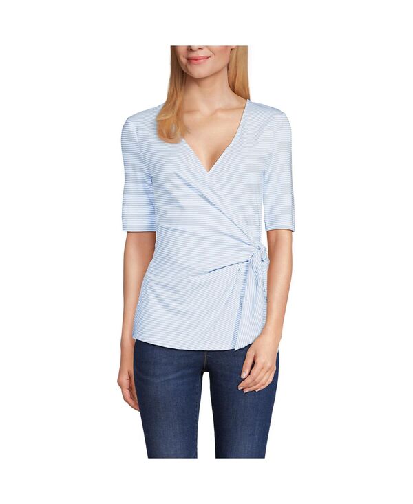 ランズエンド レディース トップス シャツ ブラウス ジャージー Lands' End Women's Elbow Sleeve Lightweight Jersey Side Tie Blouse White/periwinkle tiny stripe ホワイト 9,086円