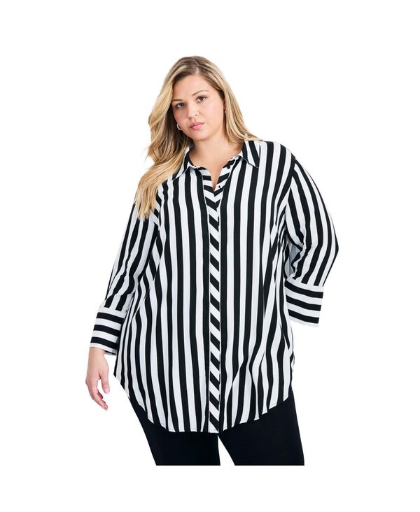 アベニュー レディース トップス シャツ AVENUE Women's Linear Longline Stripe Shirt Black white ホワイト｜ReVida 店 11,684円