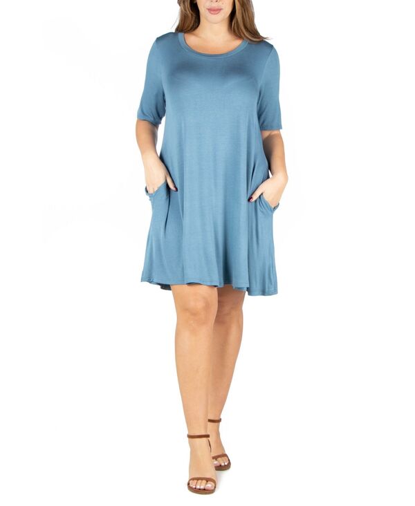 24 セブンコンフォート レディース トップス ワンピース ひざ丈 プラスサイズ Tシャツ 24seven Comfort Apparel Plusize Knee Length Pocket-shirt Dress Blue ブルー