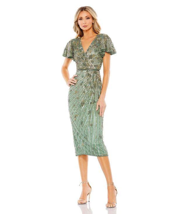 マックダガル レディース トップス ワンピース Mac Duggal Women's Embellished Faux Wrap Flutter Sleeve Dressage セージ|ReVida 店