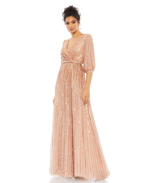マックダガル レディース トップス ワンピースパンコール Mac Duggal Women'sequined Wrap Over 3/4 Sleeve Gown Apricot アプリコット|ReVida 店