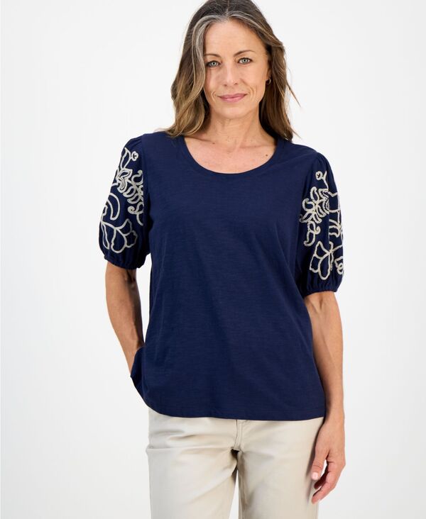 スタイルアンドコー レディース トップス シャツ プチ コットン 刺繍 Style & Co Petite Cotton Embroidered Elbow-Sleeve Top Industrial Blue ブルー 10,110円