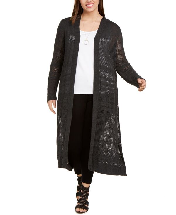 ベルディーニ レディース アウター ニット・セーター プラスサイズ カーディガン Belldini Plusize Pointelle-Stitch Duster Cardigan Charcoal チャコール|ReVida 店