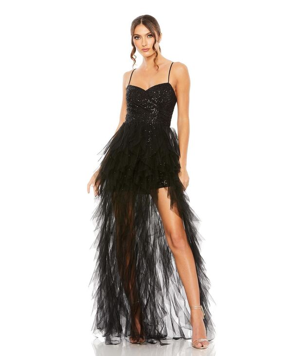 マックダガル レディース トップス ワンピース ティアード フリル ミニ スパンコール Mac Duggal Women's Ieena Sequin Mini Dress Withigh Low Ruffle Tiered Train Black ブラック｜ReVida 店