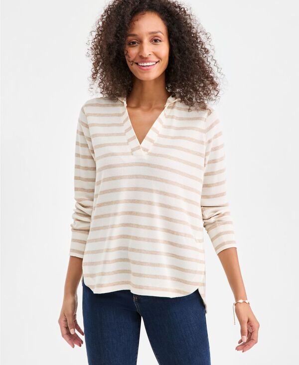 スタイルアンドコー レディース トップス シャツ ニット パーカー Style & Co Women'striped Waffle-Knit Pullover Hoodie Heather Sand Stripe ヘザー