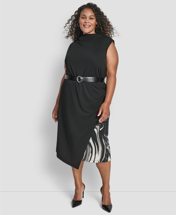 ダナ キャラン ニューヨーク レディース トップス ワンピースタンドネック プラスサイズ ミディ ノースリーブ DKNY Plusize Sleeveless Funnel Neck Belted Midi Dress Black/Ivory アイボリー
