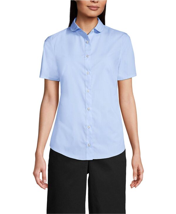 ランズエンド レディース トップス シャツ Lands' End Women'short Sleeve Peter Pan Collar Broadcloth Shirt Light sea blue ブルー