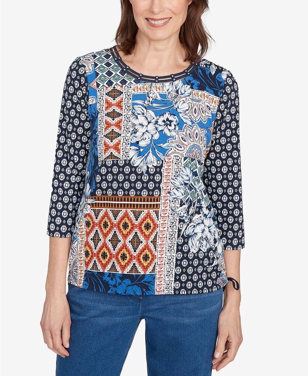 アルフレッド ダナー レディース トップス シャツ プチ パッチワーク Alfredunner Petite Batik Patchwork Drawstring Closure Top Denim デニム