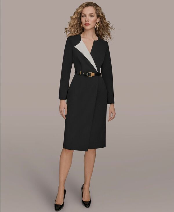 ダナ キャラン ニューヨーク州 レディース トップス 衣装 midi 長袖 Donna Karanew York Women\u0027s Long-Sleeve Belted Midi Dress Black 黒いこと ワンピース-レディースファッション