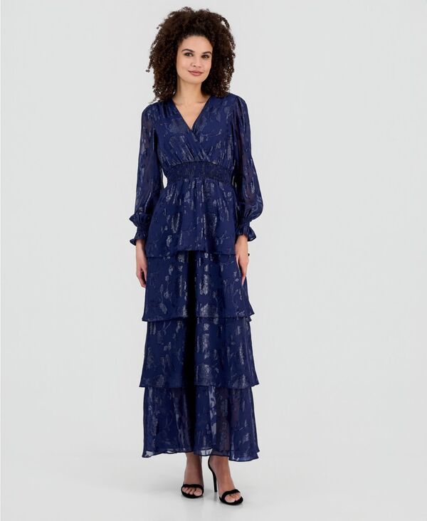 アンクライン レディース トップス ワンピース ティアード シャーリング マキシ Anne Klein Women'smocked-Trim Tiered Maxi Dress DISTANT MOUNTAIN (DL6)