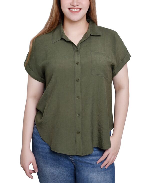 ニューヨークコレクション レディース トップス シャツ ジャージー NY Collection Short Sleeve Woven Front-Jersey Back Top Cypress|ReVida 店
