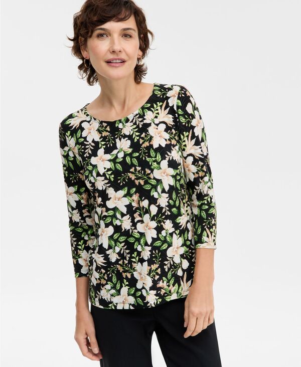 ジェイエムコレクション レディース トップス シャツ フラワー柄 フラワー JM Collection Women's Floral Bouquet Jacquard 3/4-Sleeve Top Deep Black Combo ブラック