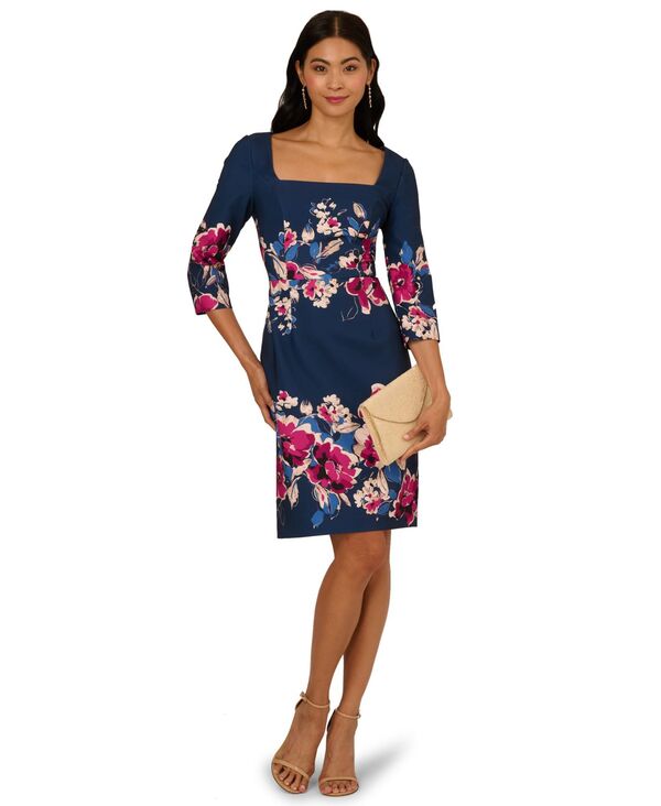 アドリアナ パペル レディース トップス ワンピース フラワー柄 ミディ フラワー Adrianna Papell Women's Border Floral Midi Dress Navy/Pink Multi ネイビー