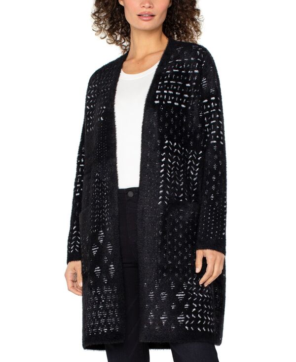 リヴァプール ロサンゼルス レディース アウター ニット・セーター プチ コート Liverpoolos Angeles Petite Long Sleeve Collarless Open Front Sweater Coat Black White Patchwork ホワイト