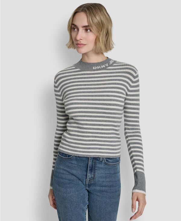 ダナキャランニューヨーク レディース アウター ニット・セーター モックネック 長袖 DKNY Jeans Women's Long-Sleeve Mock Neck Rib Striped Sweater Storm Grey Heather/Ivory/Silver アイボリー