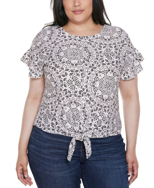 ベルディーニ レディース トップス シャツ プラスサイズ プリント ニット Belldini Plusize Printed Eyeletie-Front Knitop White/Black ホワイト
