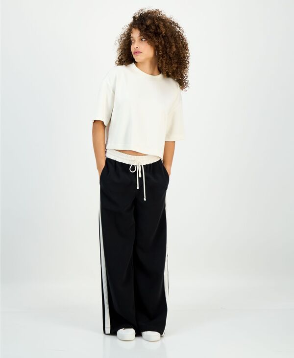 アイ.エヌ.シー インターナショナル コンセプト レディース ボトムス カジュアルパンツ プチ I.N.C. International Concepts Petite Drawstring-Waist Side-Stripe Wide-Leg Pants Deep Black ブラック