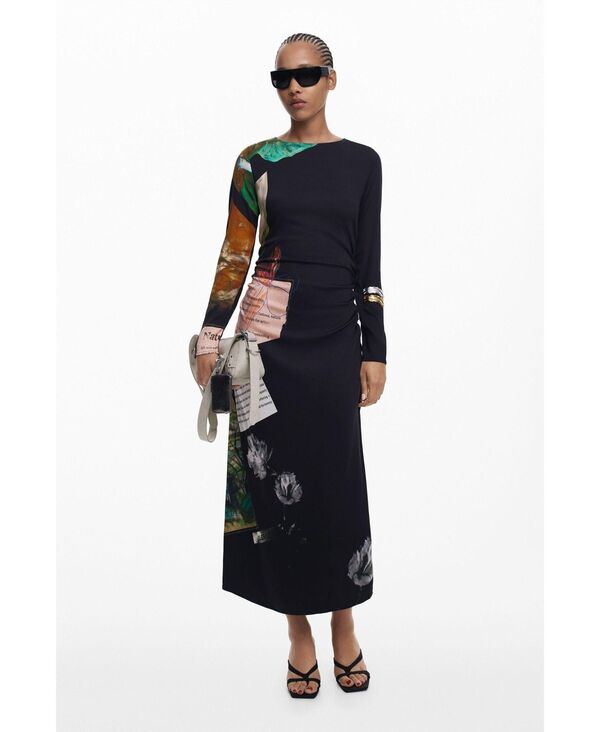 デジグアル レディース トップス ワンピース アシンメトリー Desigual Women's Collage asymmetrical dress Black ブラック|ReVida 店