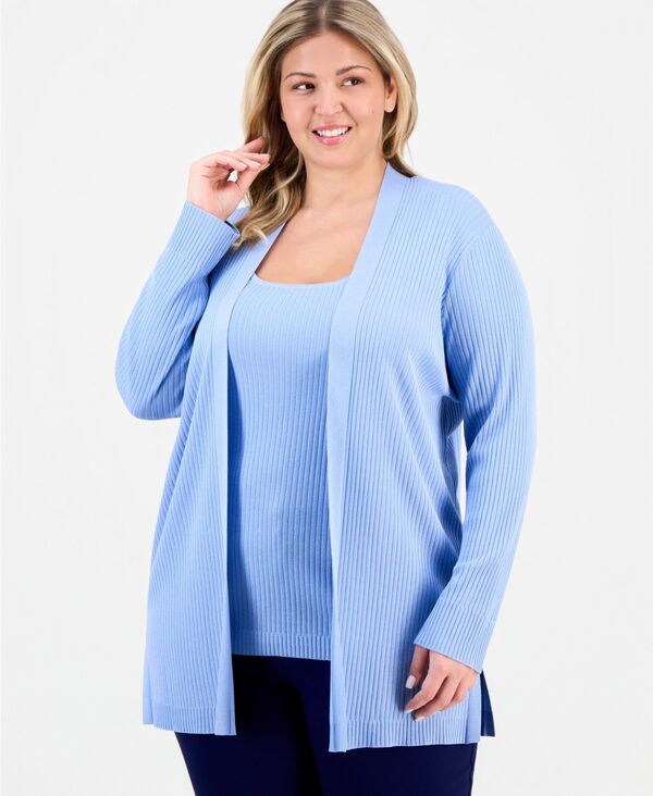 ジョーンズニューヨーク レディース アウター ニット・セーター プラスサイズ リブ カーディガン Jones New York Plusize Sutton Open-Front Ribbed Knit Cardigan Chintz Blue ブルー