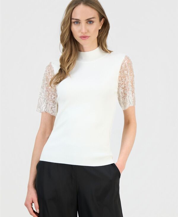 ティー・タハリ レディース トップス シャツ モックネック セーター Tahari Women's Beaded-Sleeve Mock Neck Sweater White Star ホワイト 12,236円