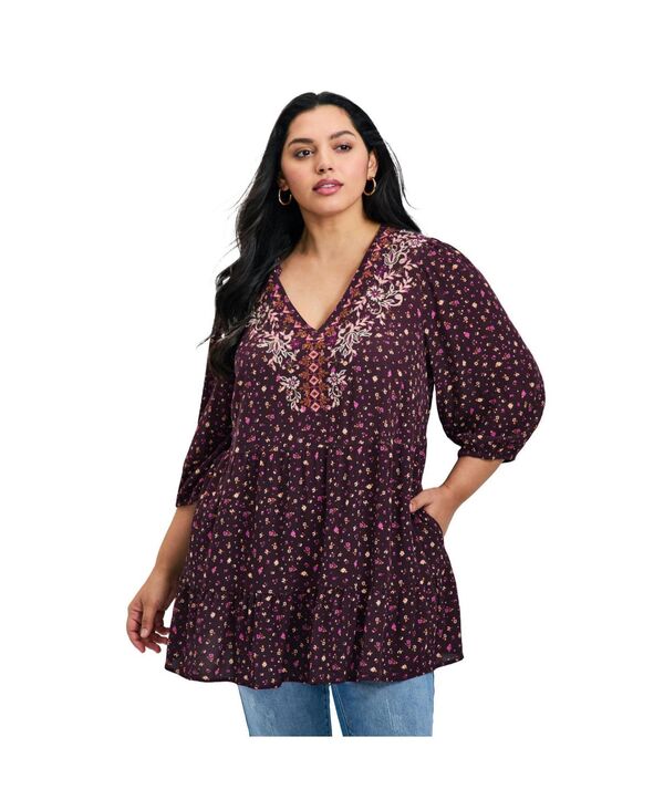 アベニュー レディース トップス シャツ プラスサイズ 刺繍 AVENUE Women's Plusize Ditsy Embroidered Tunic Berry ditsy