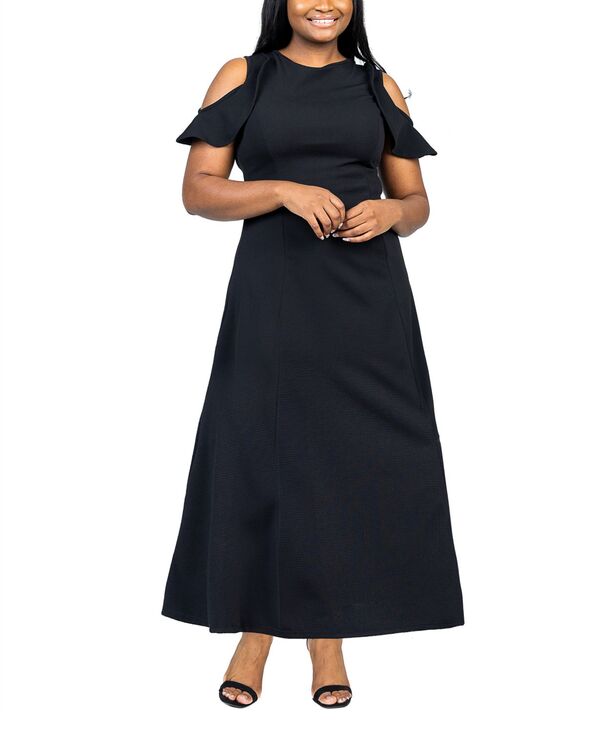 24 セブンコンフォート レディース トップス ワンピース A ライン プラスサイズ フリル マキシ 24seven Comfort Apparel Plusize Ruffle Cold Shoulder A Line Maxi Dress Black ブラック