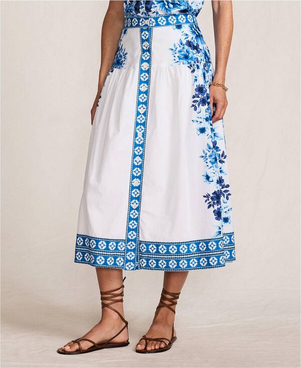 ランズエンド レディース ボトムスカート プリント ミディ Lands' End Women's Poplin Border Print Midi Skirt - Set Bottom Blue/white floral mosaic ホワイト|ReVida 店