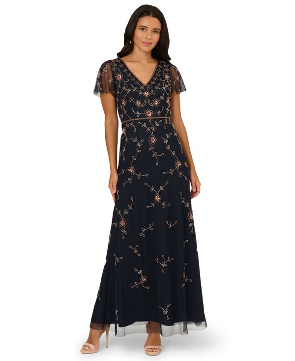 アドリアナ パペル レディース トップス ワンピース Vネック Adrianna Papell Women's Beaded V-Neck Long Dress Navy/Rose/Gold ネイビー