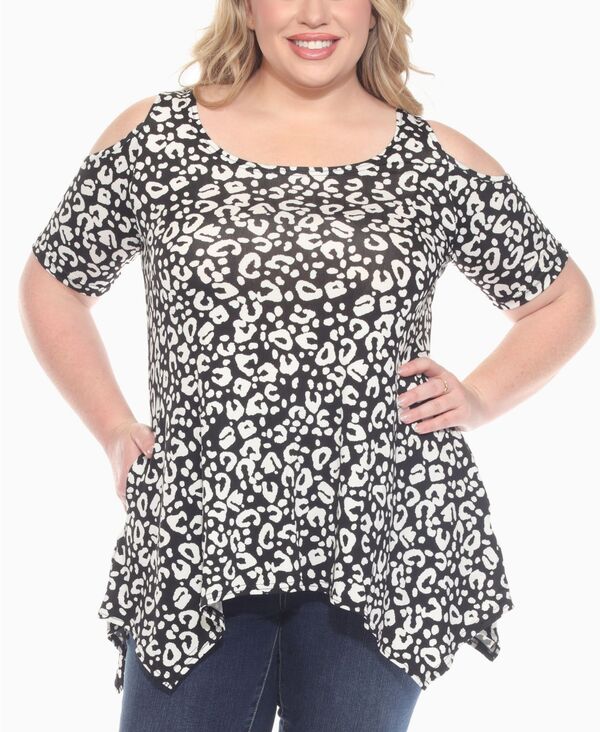 ホワイトマーク レディース トップス シャツ プラスサイズ プリント ニット White Mark Plusize Cold Shoulder Leopard Print Short Sleeve Knitop Black ブラック