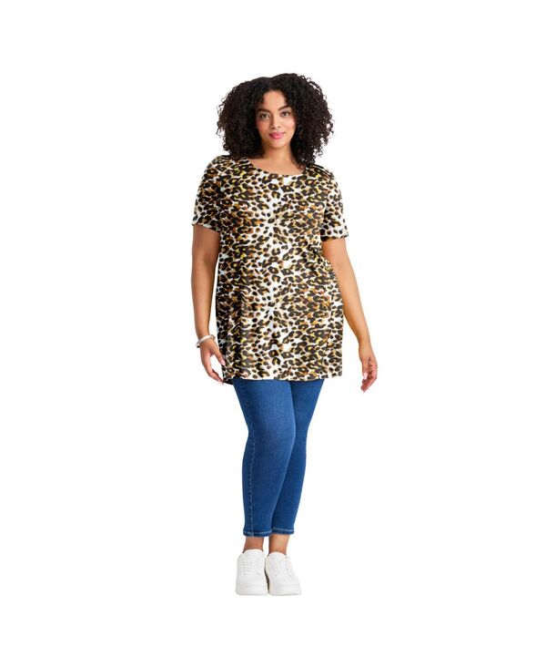 アベニュー レディース トップス シャツ AVENUE Women's Button Detail Tunic Tee Brown brushed cheetah ブラウン