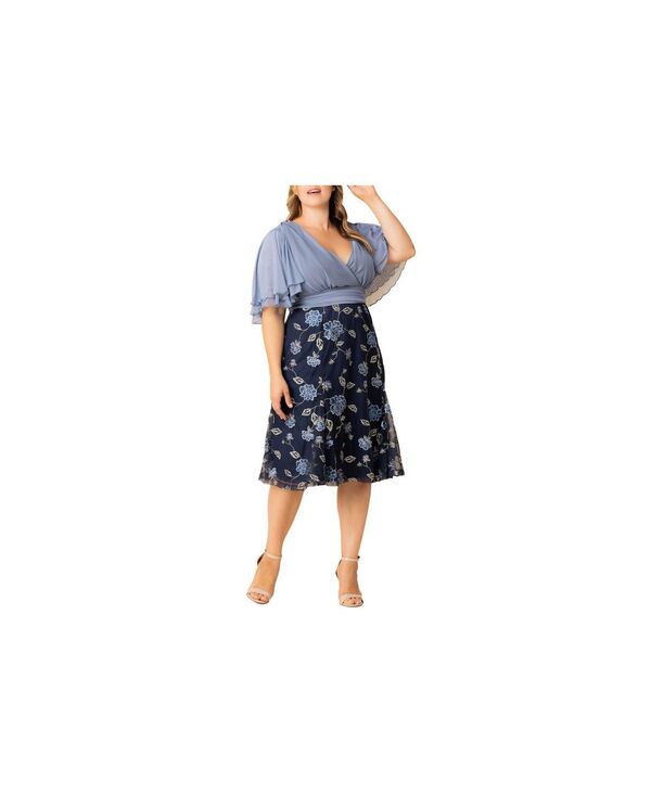 キヨナ レディース トップス ワンピース プラスサイズ メッシュ ミディ 刺繍 Kiyonna Plusize Lillian Embroidered Mesh Midi Cocktail Dress Navy blue blooms ネイビー|ReVida 店