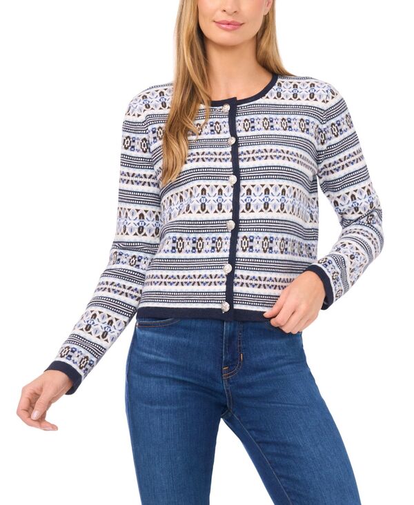 セセ レディース アウター ニット・セーター クルーネック カーディガン CeCe Women'striped Crewneck Cardigan Sweater Heather Navy ヘザー