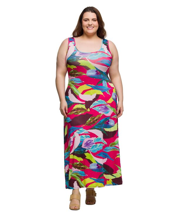 24 セブンコンフォート レディース トップス ワンピース A ライン プラスサイズ ノースリーブ マキシ 24seven Comfort Apparel Plusize Scoop Neck A-Line Sleeveless Maxi Dress Pink Multi ピンク