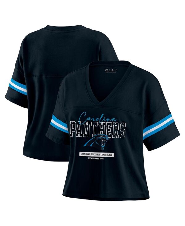ウェア バイ エリン アンドルーズ レディース トップス Tシャツ Vネック WEAR by Erin Andrews Women's Black Carolina Panthers Color Block Boxy Modest Crop V-Neck T-Shirt Black ブラック