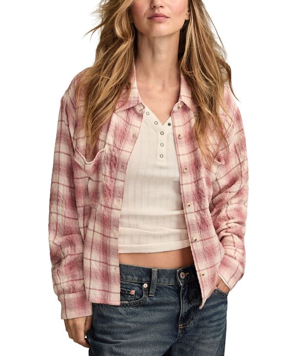ラッキーブランド レディース トップス シャツ クロップド 長袖 Lucky Brand Women's Cropped Plaidrapey Long-Sleeve Shirt Pink Plaid ピンク