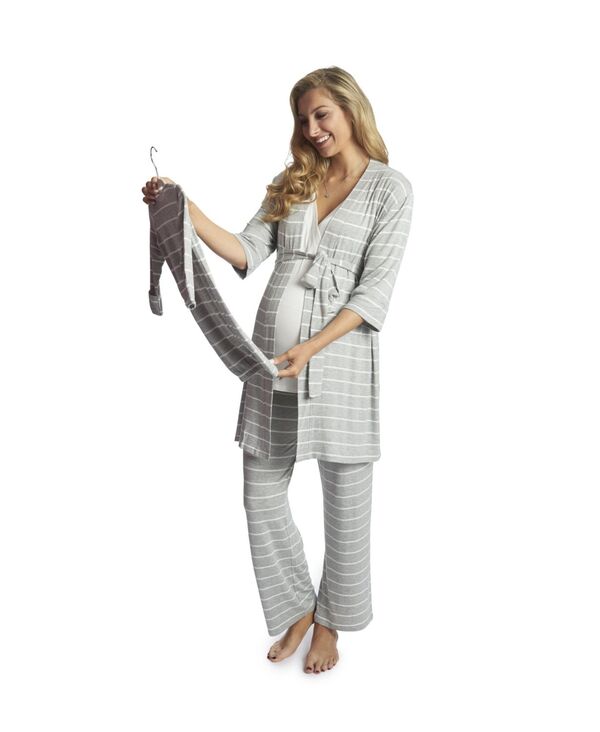 エヴァリーグレー レディース アンダーウェア ナイトウェア マタニティ Everly Grey Maternity Analise During & After 5-Piece Maternity/Nursing Sleep Set Heather Grey Stripe グレー｜ReVida 店