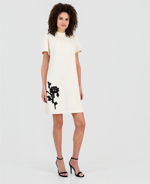 アンクライン レディース トップス ワンピース モックネック プチ Anne Klein Petite Gathered Mock Neck Shift Dress White/Black ホワイト