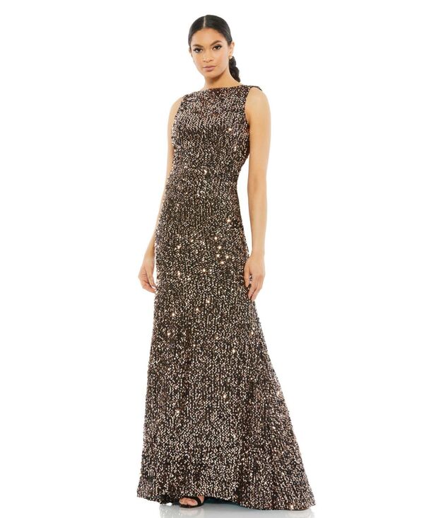 マックダガル レディース トップス ワンピース ドレープ スパンコール ノースリーブ Mac Duggal Women's Ieena Sequined Sleeveless Draped Cowl Back Gown Bronze｜ReVida 店