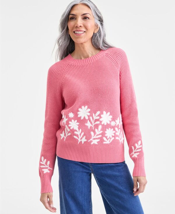 スタイルアンドコー レディース アウター ニット・セーター クルーネック プチ 刺繍 Style & Co Petitembroidered Rib Crewneck Sweater Sp Strawberry Combo