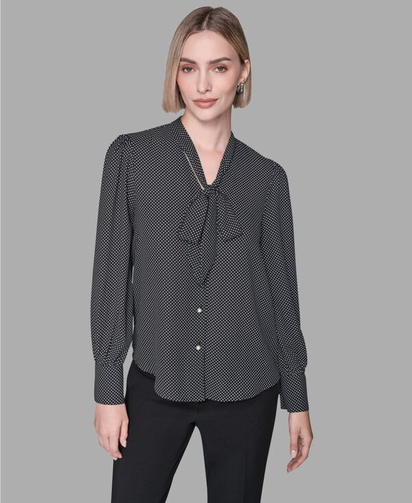 カール ラガーフェルド レディース トップス シャツ Vネック ボタンダウン ブラウス KARLAGERFELD PARIS Women's V-Neck Button Down Blouse Black/Soft White ホワイト