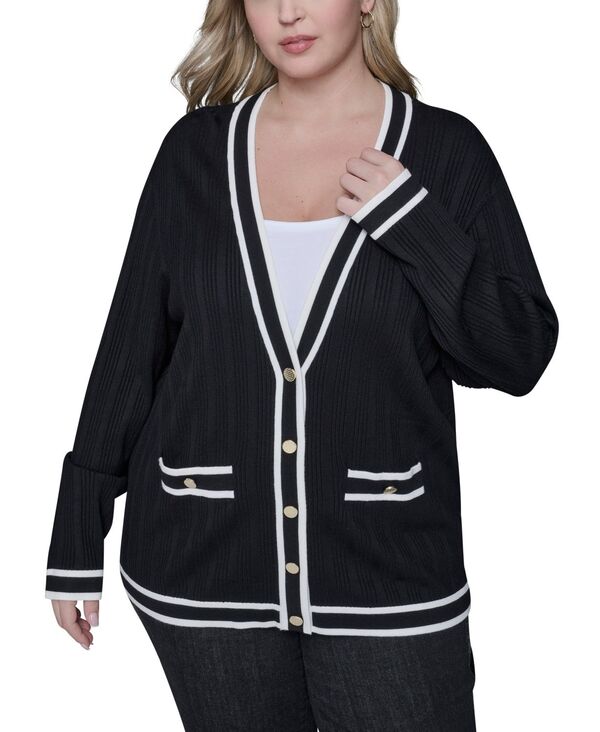 カール ラガーフェルド レディース アウター ニット・セーター Vネック プラスサイズ カーディガン KARLAGERFELD PARIS Women's Plusize V-Neck Button Front Cardigan Black ブラック