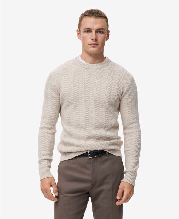 マンゴ メンズ アウター ニット・セーター MANGO Men's Herringbone Structured Sweater Ecru エクリュ｜ReVida 店