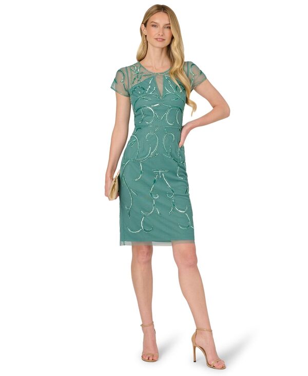 アドリアナ パペル レディース トップス ワンピース 半袖 Adrianna Papell Women's Beaded Short-Sleeve Sheath Dress Green Slate スレート|ReVida 店