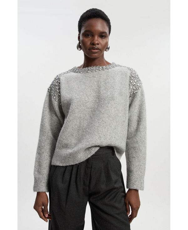 カレンミレン レディース アウター ニット・セーター Karen Millen Women Embellished Trim Cosy Knit Jumper Grey グレー