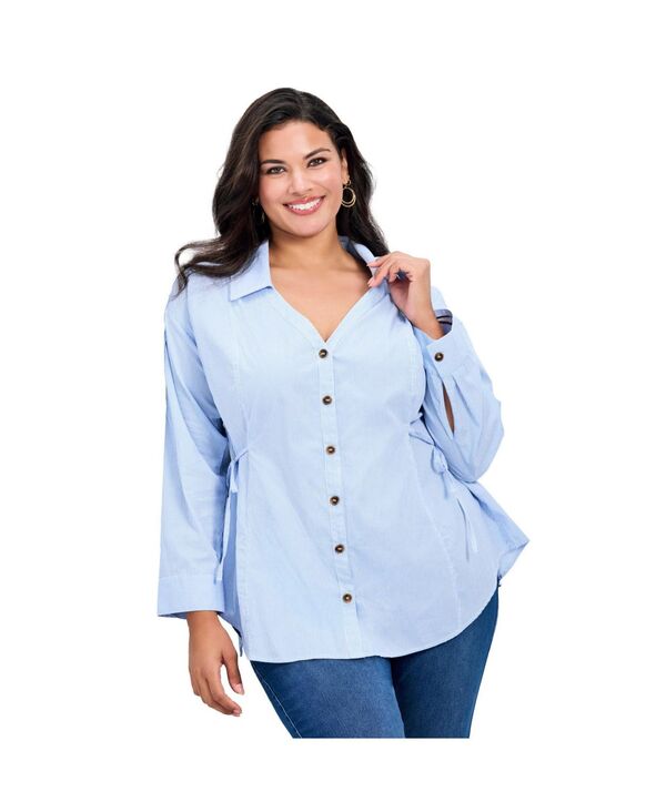アベニュー レディース トップス シャツ タイディテール AVENUE Women's Ray Stripe Polpin Shirt With Tie Detail Blue white ホワイト｜ReVida 店