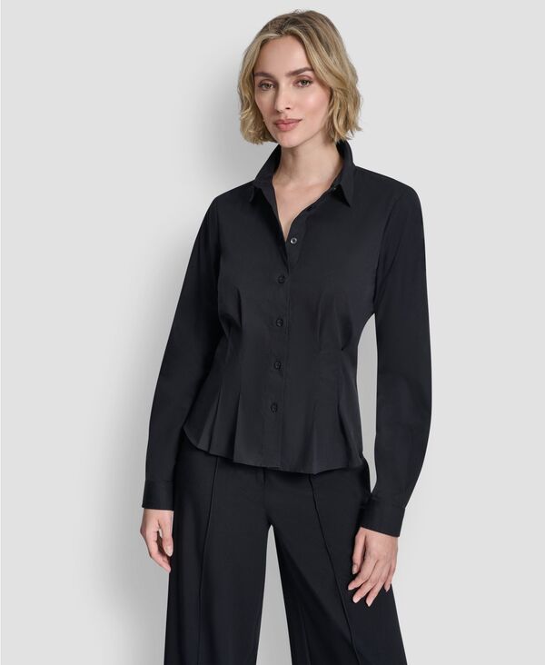 ダナ キャラン ニューヨーク レディース トップス シャツ プリーツ ブラウス DKNY Women's Pleated Button-Up Blouse Navy ネイビー