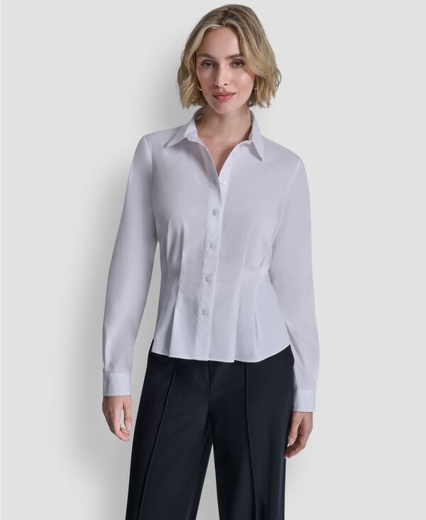 ダナ キャラン ニューヨーク レディース トップス シャツ プリーツ ブラウス DKNY Women's Pleated Button-Up Blouse White ホワイト