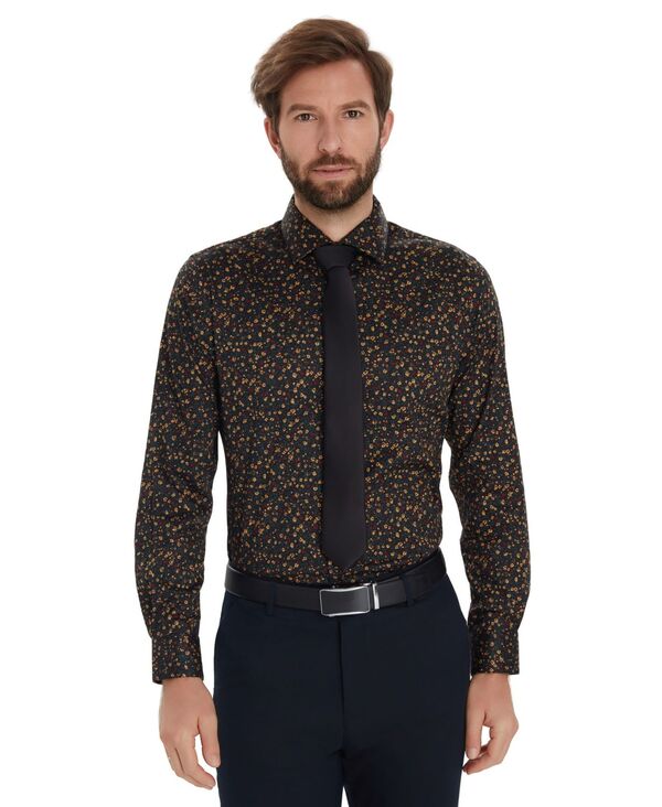 赤ちょうちんスリー メンズ トップス プルオーバー 御花柄 刷り上げる 御花 Bar III Men\u0027s Front Floral Print Dresshirt Deep Black 黒いこと